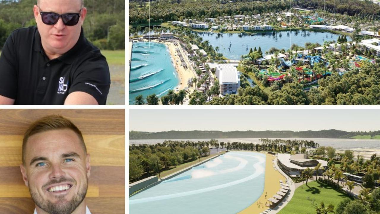 The Sunshine Coast could soon be home to two new water parks, after a long-standing court battle ended and one developer revealed hopes of being open to the public as early as 2025. Pictured: Sanad Capital Pty Ltd director Bradley Sutherland (top left) and Surf Parks Australia chief executive Craig Morrison (bottom left)