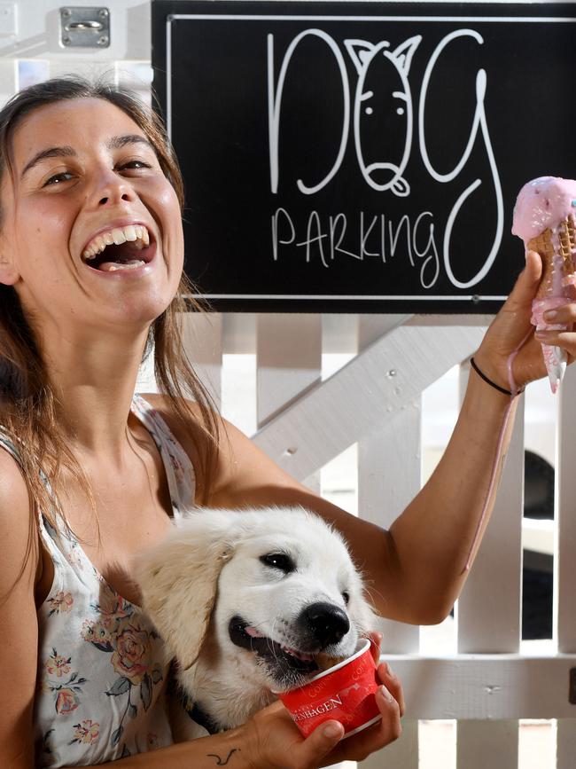 Candice Karamanis with her golden retriever Charlie enjoying their ice creams at Royal Copenhagen in Brighton. Picture: Tricia Watkinson.