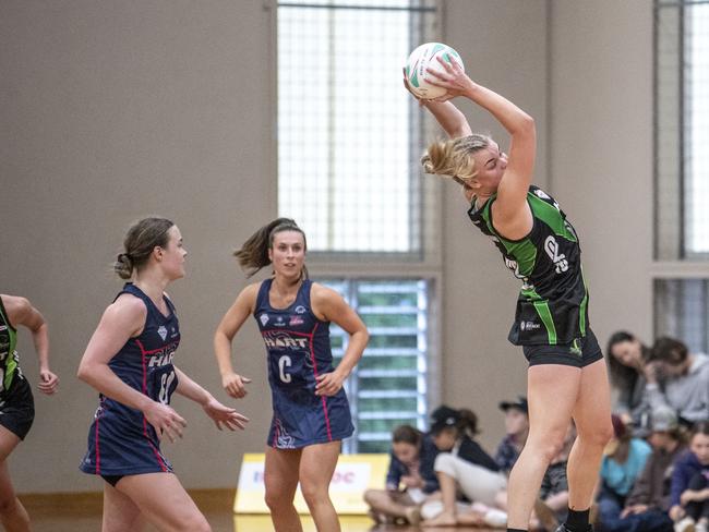 Caitlin Skaines for Panthers. Darling Downs Panthers vs Wildcats Ruby. HART Ruby Series netball. Sunday, May 22, 2022. (Photo: Nev Madsen)