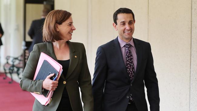 Deb Frecklington and David Crisafulli at parliament. Pic Peter Wallis.