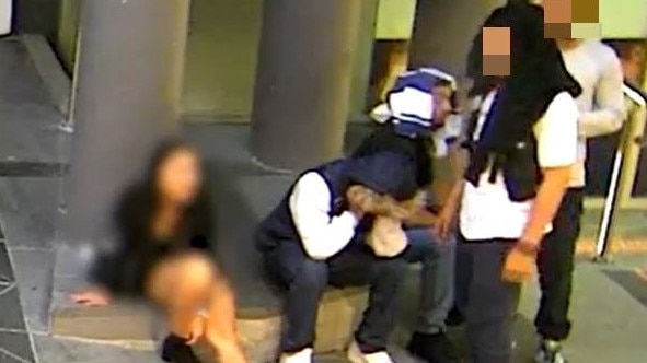 Still from CCTV footage allegedly depicting the 19-year-old Marsden teen (second from right) and a 20-year-old woman who claims she was raped. Picture: QPS