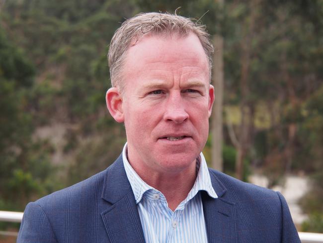 Premier Will Hodgman speaking to reporters on Bruny Island today.