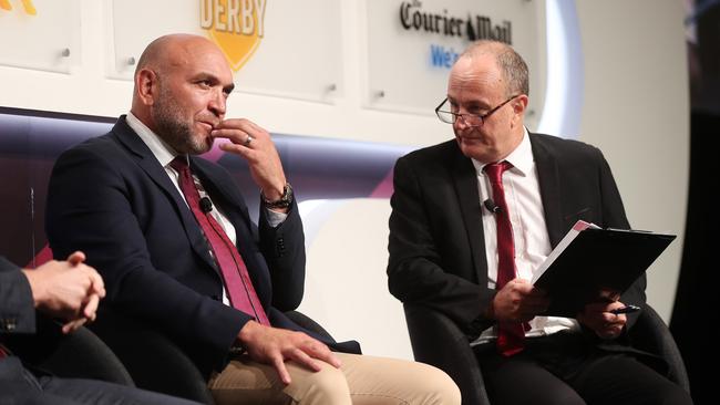 The Courier-Mail’s Robert Craddock speaking with Darren Lockyer and Gordon Tallis at the 2019 NRL Season Launch. Picture: Tara Croser