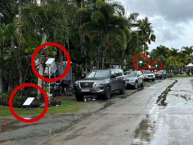 A man in Airlie Beach posted a photo of a campground, where four of six campsites featured one of Elon Musk's SpaceX-powered, satellite-based Starlink internet networks. Picture: Facebook