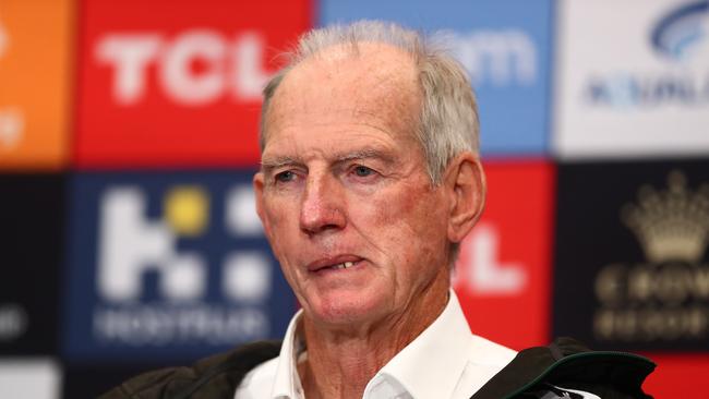 BRISBANE, AUSTRALIA – AUGUST 27: Rabbitohs Head Coach Wayne Bennett speaks to media during the round 24 NRL match between the Sydney Roosters and the South Sydney Rabbitohs at Suncorp Stadium, on August 27, 2021, in Brisbane, Australia. (Photo by Chris Hyde/Getty Images)