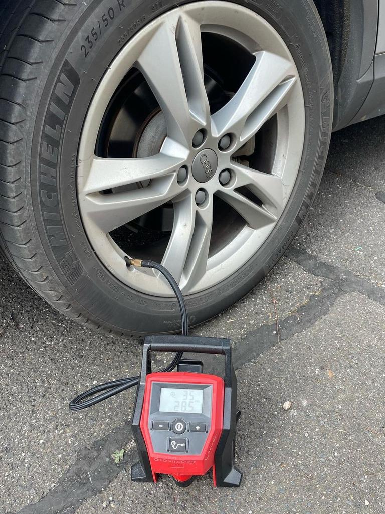 The sparky set out with his trusty little electric pump to reinflate dozens of tyres. Picture: Instagram (@safelec).