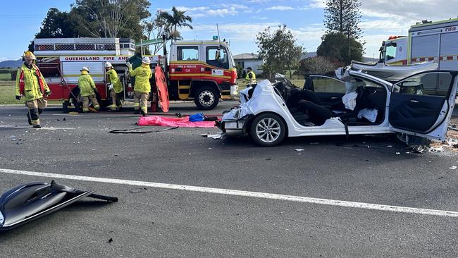 Three fire and ambulance crews were dispatched to the crash near Walkerston. Picture: Heidi Petith.