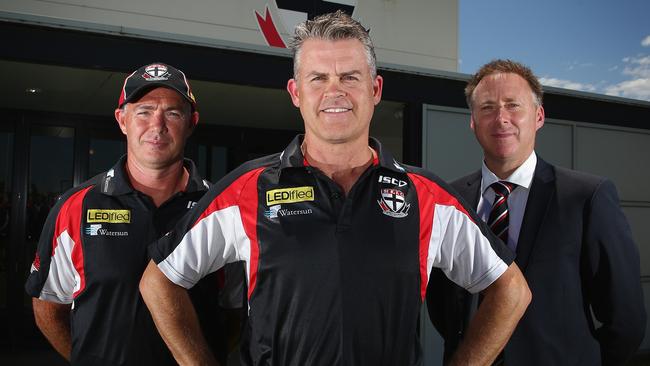 St Kilda general manager Jamie Cox, flanked by senior coach Alan Richardson and chief executive Matt Finnis, wants to set up a talls academy as part of the club’s women’s footy push. Picture: Getty
