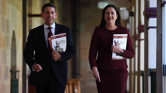 Queensland Treasurer Cameron Dick and Premier Annastacia Palaszczuk in Brisbane on Tuesday. Picture: Dan Peled