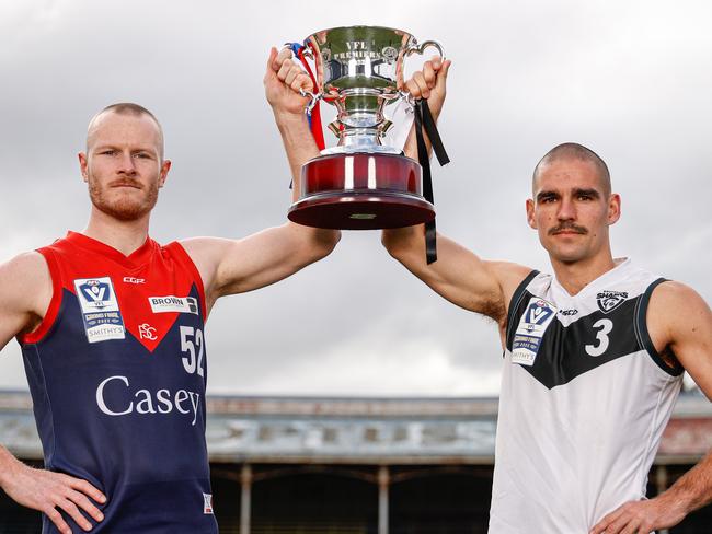 MELBOURNE, AUSTRALIA - SEPTEMBER 12: Mitch White (Captain, Casey Demons) and Jacob Dawson (Captain, Southport Sharks) pose for a photograph during the VFL 2022 Grand Final Media Opportunity at Ikon Park on September 12, 2022 in Melbourne, Australia. (Photo by Michael Willson/AFL Photos)