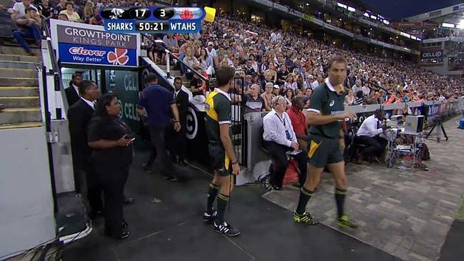 Cheika storms up the tunnel after the verbal clash with the cameraman during the Sharks match.