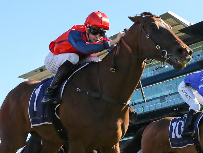 SYDNEY, AUSTRALIA - JULY 08: Dylan Gibbons riding Battleton wins Race 5 Gipps Street Social during "Winter Stakes Day" - Sydney Racing at Royal Randwick Racecourse on July 08, 2023 in Sydney, Australia. (Photo by Jeremy Ng/Getty Images)