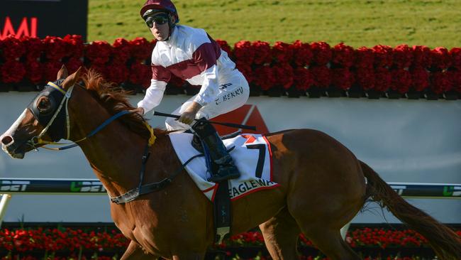 Tommy Berry rises as Eagle Way thunders to a powerful win. Picture: AAP