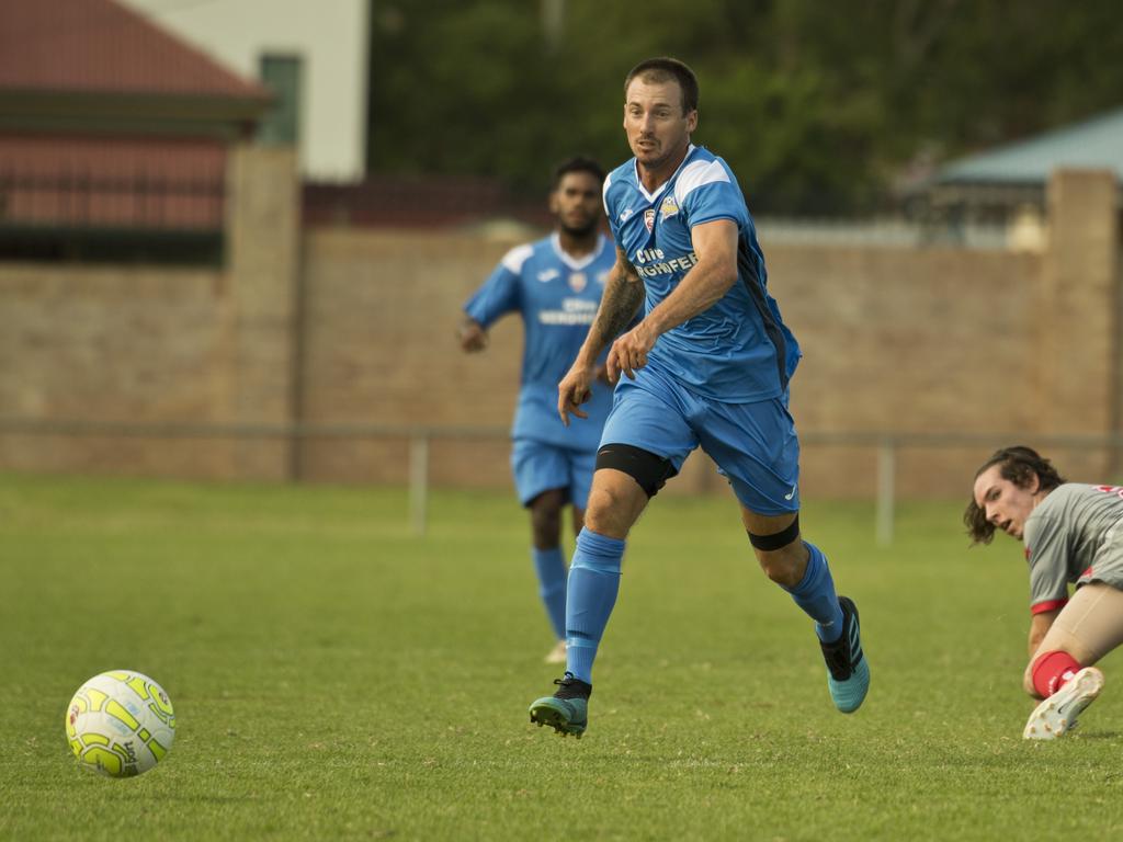 Brodie Welch, Thunder and Joshua Elmer, Holland Park. Football Qld NPL, SW Qld Thunder vs Holland Park Hawks FC. Sunday, 1st Mar, 2020.