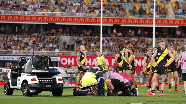 The match was stopped for several minutes as medicos tended to Nick Vlastuin. Picture: AFL Photos/Getty Images