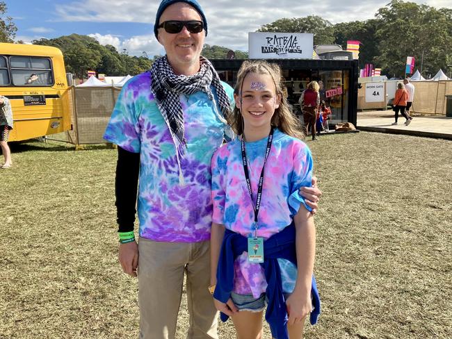 A father and daughter in matching tie-die at Splendour. Picture: Odessa Blain.