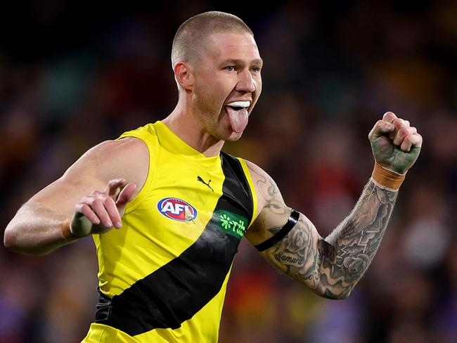 ADELAIDE, AUSTRALIA - JUNE 06: Nathan Broad of the Tigers celebrates a goal during the 2024 AFL Round 13 match between the Adelaide Crows and the Richmond Tigers at Adelaide Oval on June 06, 2024 in Adelaide, Australia. (Photo by Sarah Reed/AFL Photos via Getty Images)