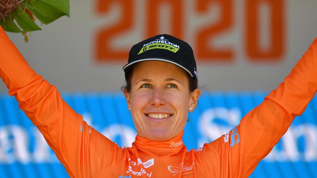 BIRDWOOD, AUSTRALIA - JANUARY 17: Podium / Amanda Spratt of Australia and Team Mitchelton-SCOTT Orange Leader Jersey / Celebration / during the 6th Santos Women's Tour Down Under 2020, Stage 2 a 114,9km stage from Murray Bridge to Birdwood 383m / @tourdownunder / #UCIWT / TDU / on January 17, 2020 in Birdwood, Australia. (Photo by Tim de Waele/Getty Images)