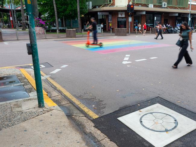 A notorious corner in Darwin's CBD has claimed another victim as e scooter riders continue to fail to negotiate the curb. The Knuckey St and Smith St corner has been the scene of numerous serious incidents.Picture: Che Chorley