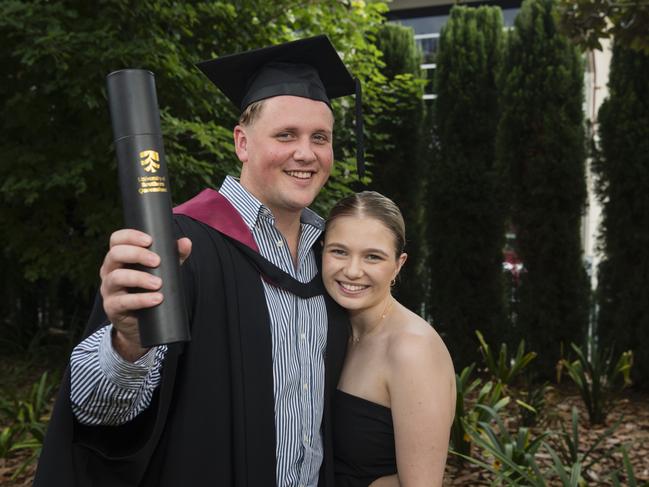 Bachelor of Engineering graduate Blake Neumann with partner Lauren Fisher at a UniSQ graduation ceremony at Empire Theatres, Wednesday, February 14, 2024. Picture: Kevin Farmer