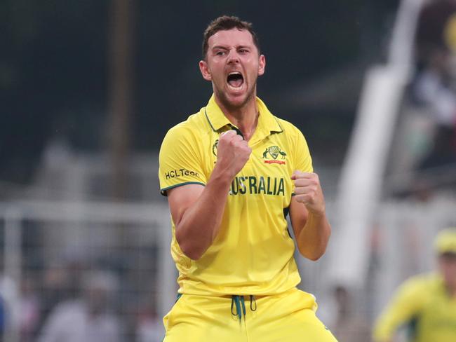 KOLKATA, INDIA - NOVEMBER 16: Australia's Josh Hazlewood celebrates the wicket of Quinton de Kock of South Africa  during the ICC Men's Cricket World Cup 2023 semi final match between South Africa and Australia at Eden Gardens on November 16, 2023 in Kolkata, India. (Photo by Pankaj Nangia/Gallo Images)