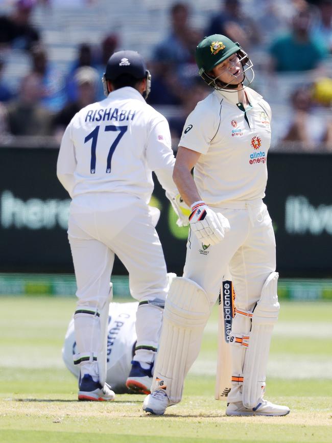 Steve Smith reacts after being dismissed for a duck. Picture: Michael Klein