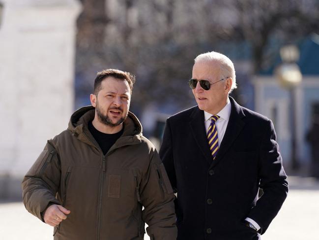 Joe Biden with Ukrainian President in Kyiv earlier this year. Picture: Dimitar Dilkoff (AFP)