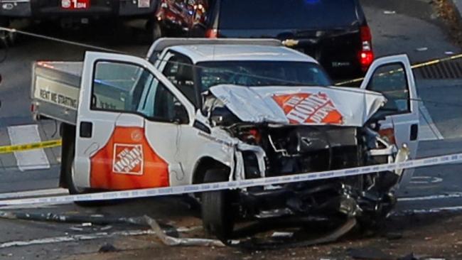 Saipov’s crumpled ute after it crashed into a school bus. Picture: Reuters