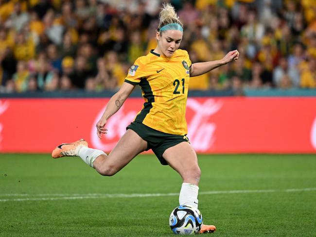 Ellie Carpenter of Australia scores a goal during the penalty shootout during the FIFA Women's World Cup 2023 Quarterfinal soccer match between Australia and France. Picture: Darren England