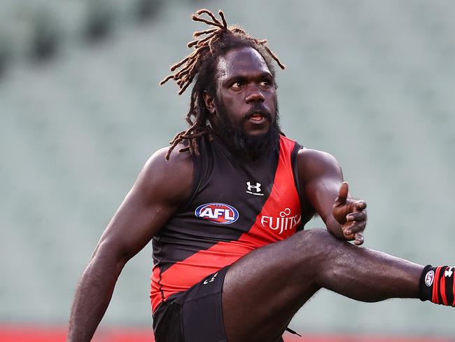 AFL Round 20. Essendon v Sydney Swans at the MCG, Melbourne. 01/08/2021.   Anthony McDonald-Tipungwuti of the Bombers  kicks at goal during the 2nd qtr.    .  Pic: Michael Klein