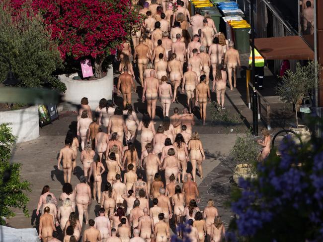 BRISBANE, AUSTRALIA. NewsWire Photos. OCTOBER 27, 2024: Thousands of people are pictured as they take part in "Rising Tide" - a monumental installation of volunteer nude models created by New York artist Spencer Tunick for Melt Festival 2024 on Brisbane's Story Bridge. Picture: NewsWire/ David Kapernick