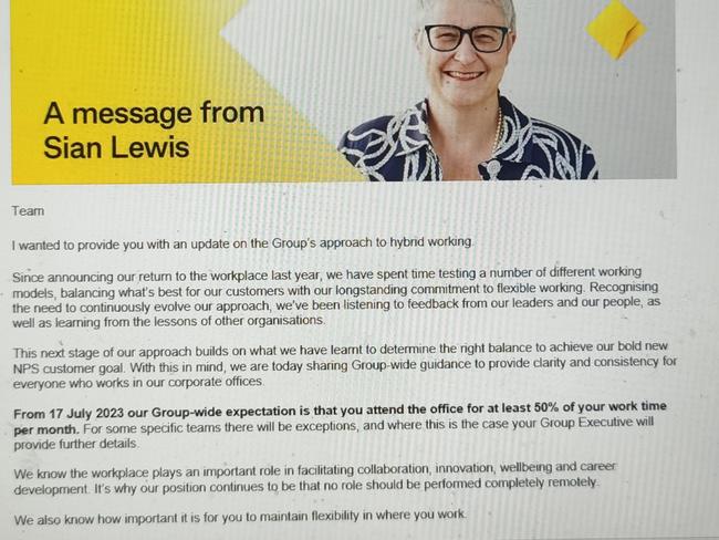 Sian Lewis’ message to staff in May. Picture: Supplied