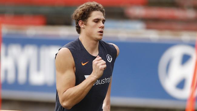 Charlie Curnow is seen during a Carlton Blues training session at Ikon Park, Melbourne, Tuesday, July 16, 2019. Carlton will play the Gold Coast Suns in round 18 on Saturday. (AAP Image/Daniel Pockett) NO ARCHIVING