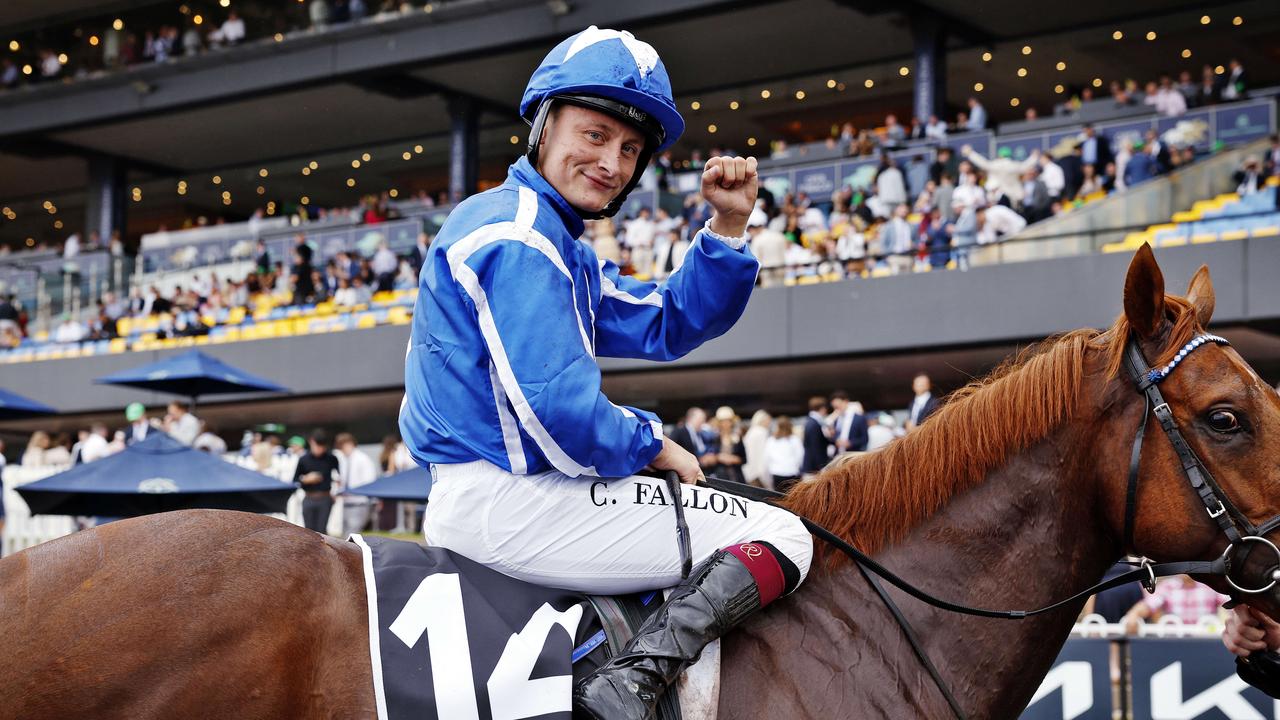 Cieren Fallon celebrates winning The Golden Eagle aboard Lake Forrest. Picture: Sam Ruttyn