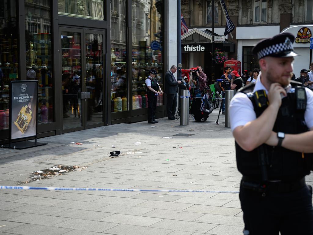 Police cordon off Leicester Square on August 12 after an 11-year-old Aussie girl was stabbed. Picture: Getty Images