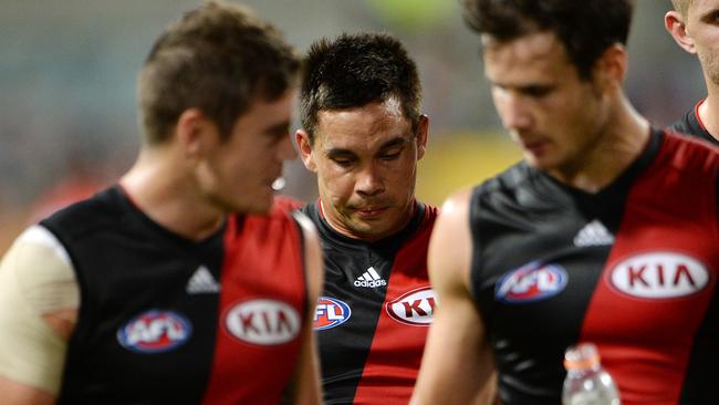 SPORT - NAB Challenge, West Coast Eagles vs Essendon Bombers, Subiaco Oval, Perth. Photo by Daniel Wilkins. PICTURED- Essendon Mathew Stokes leaves the field after the 105 point loss