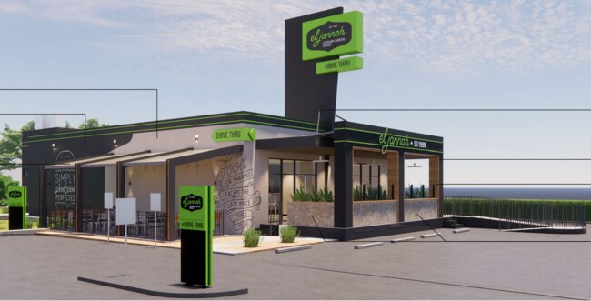 Computer generated render of El Jannah Bankstown store from vantage point of drive-thru and storefront