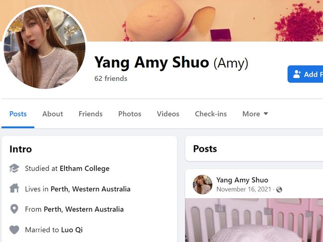 Shuo ‘Amy’ Yang’s Facebook page states she is married to Luo Qi. Picture: Facebook