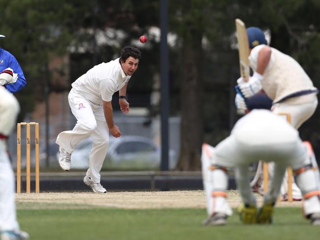 Dandenong paceman Peter Cassidy searches for a Geelong wicket.