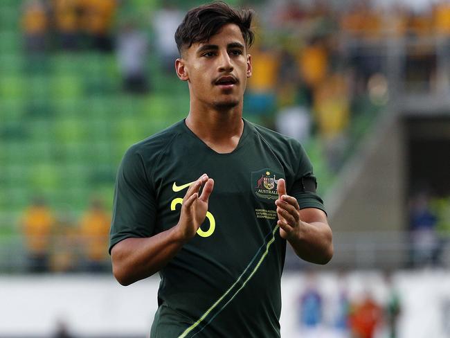 Socceroo’s Daniel Arzani scores a goal for Australia during the Socceroos v Hungary Picture: Toby Zerna