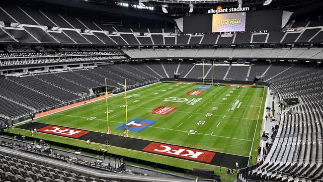 A general view of the playing field at Allegiant Stadium before the NRL Rugby League Las Vegas double header on Friday, March 1, 2024, in Las Vegas. (Photo by David Becker)