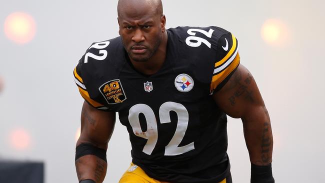 PITTSBURGH, PA - NOVEMBER 30: James Harrison #92 of the Pittsburgh Steelers is introduced prior to the game against the New Orleans Saints at Heinz Field on November 30, 2014 in Pittsburgh, Pennsylvania. (Photo by Gregory Shamus/Getty Images)