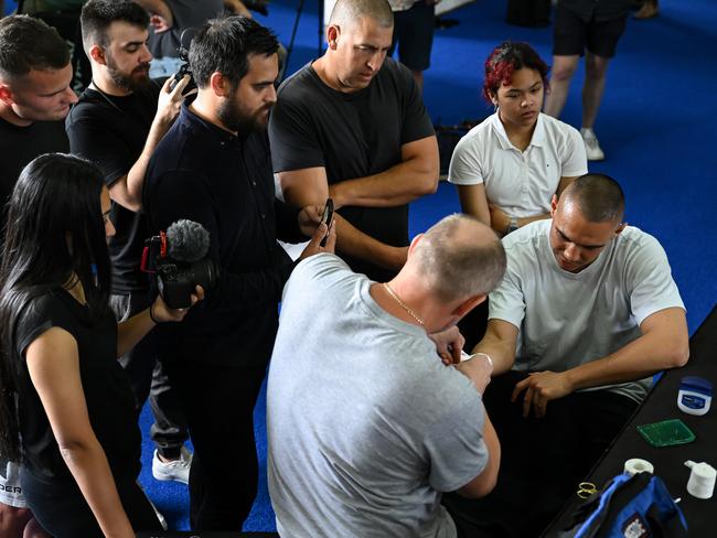 Tszyu gets his hands wrapped ahead of one of his last training sessions in Sydney before flying to the Gold Coast. Picture: Grant Trouville