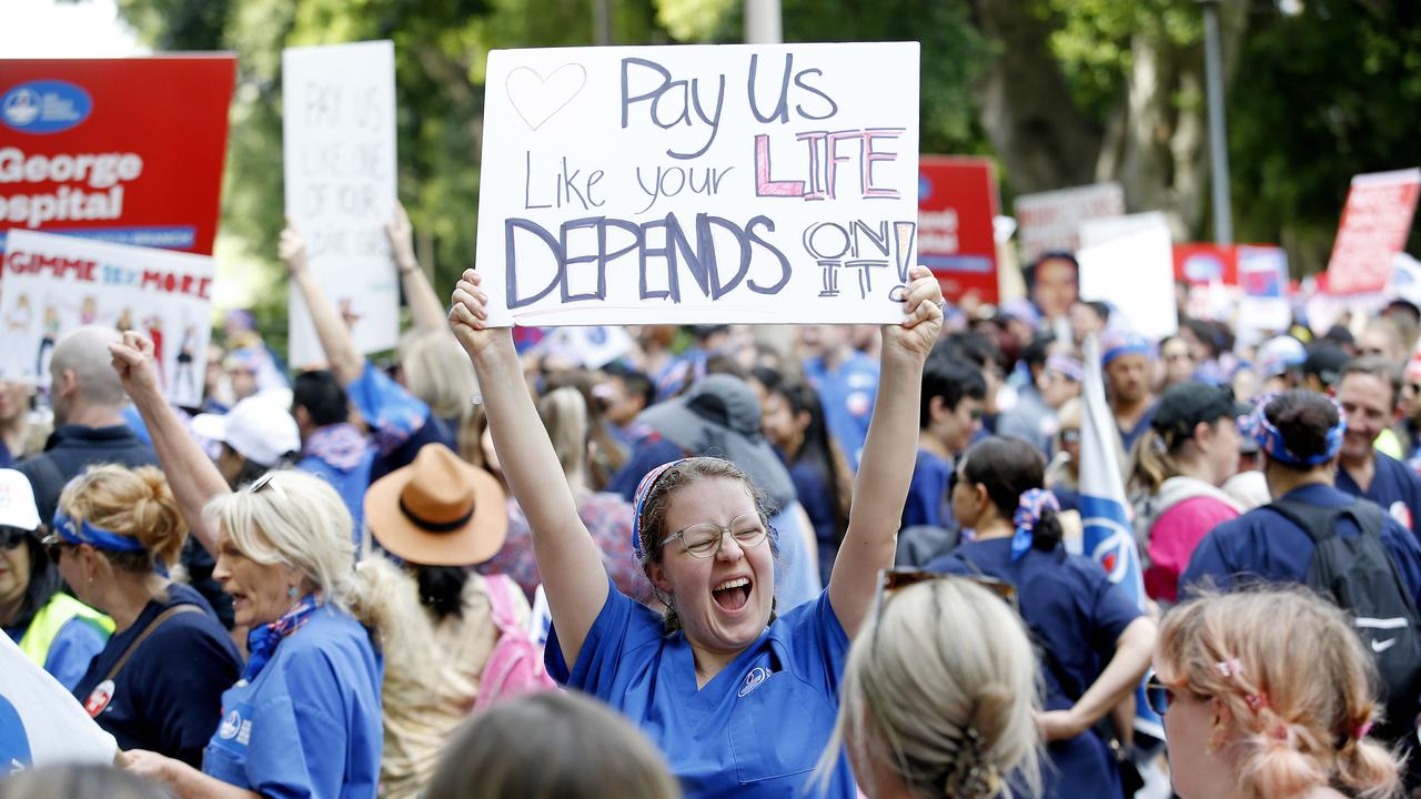 Nurses in NSW have been taking part in industrial action, demanding better pay and for the NSW government to better value their professions. Picture: NewsWire / John Appleyard