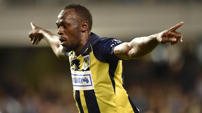 Usain Bolt did show signs of improvement in his second and final trial match with the Mariners, in which he scored twice. Picture: AFP