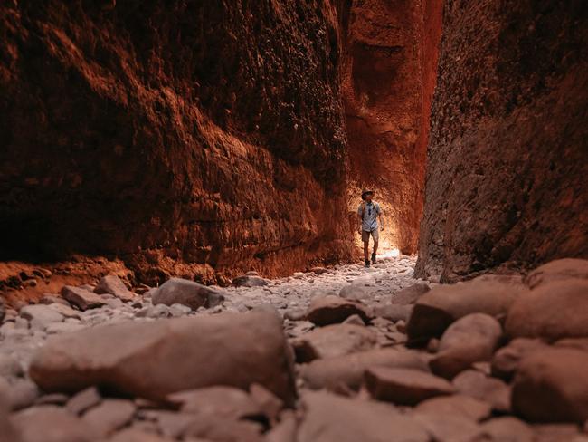 Hiking through the Echidna Chasm, Purnululu National Park. Picture: Tourism WA