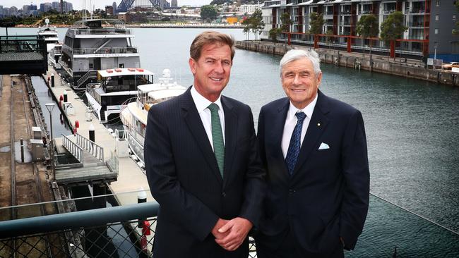 Seven West CEO Tim Worner with Chairman Kerry Stokes. They both fronted the media (via telephone conference) regarding the company’s midyear performance and the affair issue plaguing Worner. Picture: John Feder