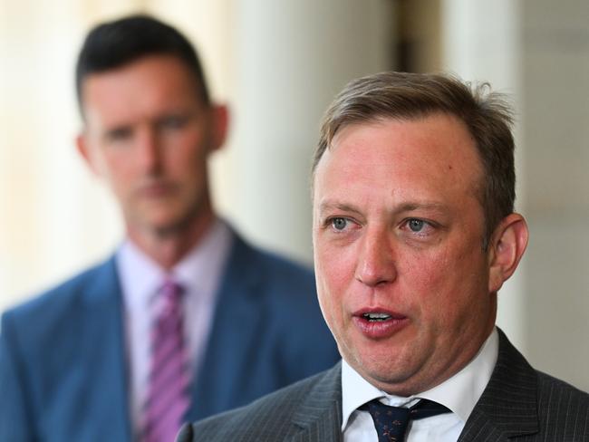 BRISBANE, AUSTRALIA - NewsWire Photos - NOVEMBER 16, 2023. Queensland Deputy Premier Steven Miles and Transport Minister Mark Bailey (left) during a press conference to make an infrastructure announcement at Parliament House in Brisbane. Picture: Dan Peled / NCA NewsWire