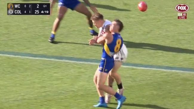 Jordan De Goey bump on Elijah Hewett.