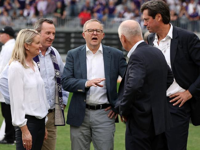 Gillon McLachlan, right, with prime minister Anthony Albanese, Mark McGowan and Richard Goyder Optus Stadium. Picture: Will Russell/AFL Photos via Getty Images